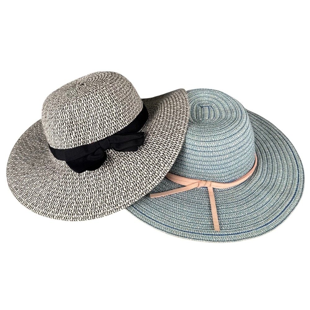 Janie and Jack Toddler Girls Straw Sun Hat Set 2-Pack Black Blue Bow 2T 3‎